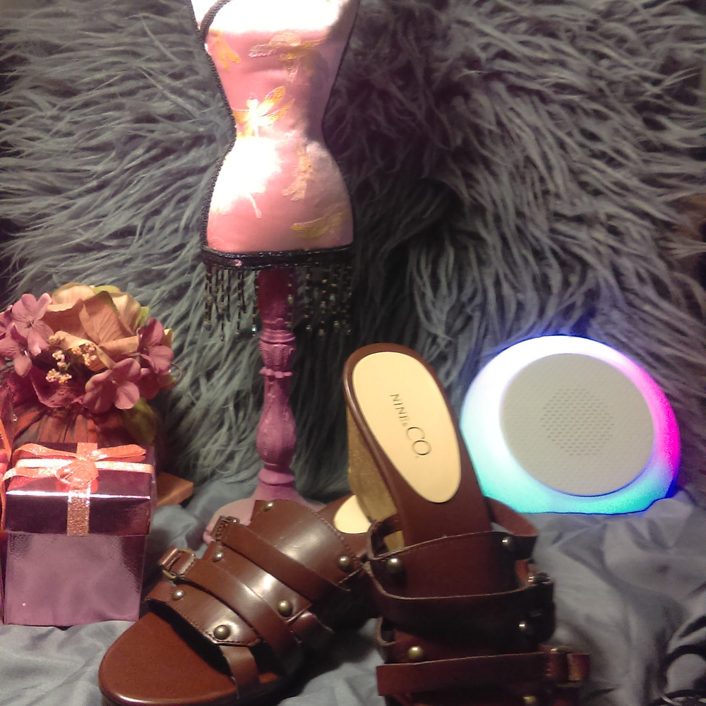 NINE & CO Brown Leather Strappy Cork Wedge